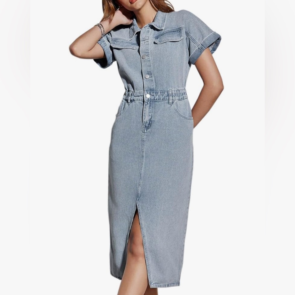 New Short Sleeve Denim Midi Dress Stretch Button Jean 2x